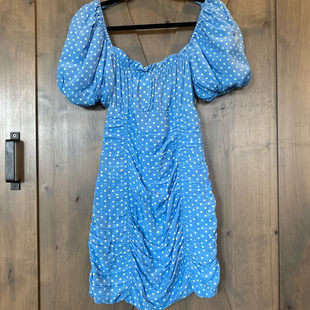 NEW! ZARA Mini Dress SS20 Draped Lined Polka Dot Sky Blue White Size Small - Picture 7 of 16
